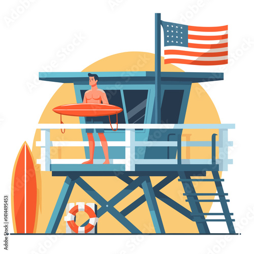 Lifeguard standing on a tower with a surfboard and an American flag in a vibrant vector illustration