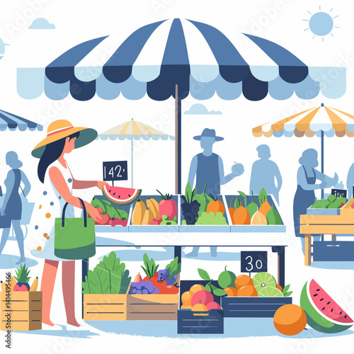 Busy farmers market with a woman selecting fresh fruit under sunny umbrellas in a vibrant vector illustration