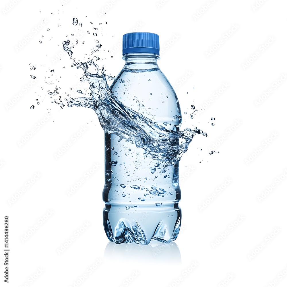 Refreshing bottled water splashes dynamically against a pristine white background showcasing its purity and hydration benefits perfectly. Refreshing bottled water splashes dynamically against a pristine white background showcasing its purity and hydration benefits perfectly.