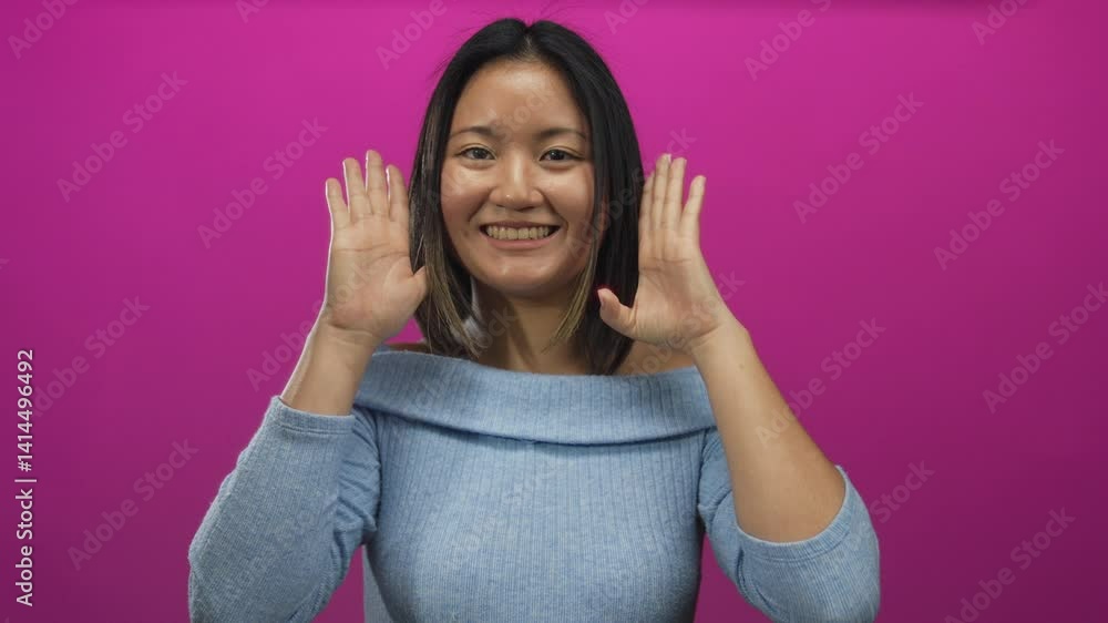 Young chinese woman smiling and posing with hands framing face against isolated pink background in studio. Young chinese woman smiling and posing with hands framing face against isolated pink background in studio.