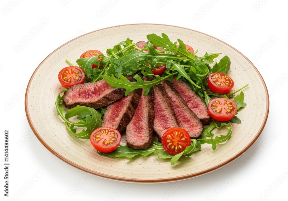 A plate with sliced steak arugula and cherry tomatoes arranged in a visually appealing presentation A plate with sliced steak arugula and cherry tomatoes arranged in a visually appealing presentation