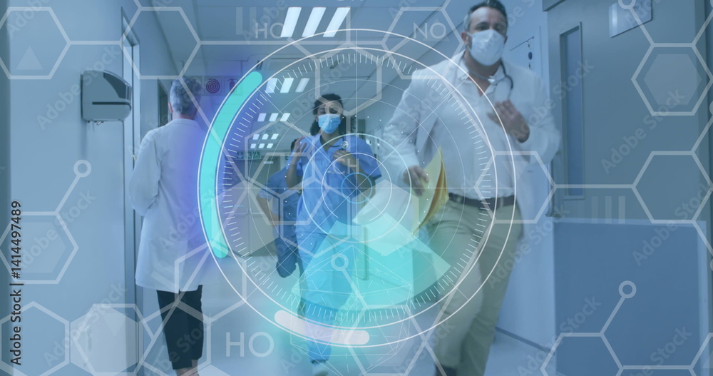 Fototapeta premium Image of scope and data processing over diverse medical staff in face masks