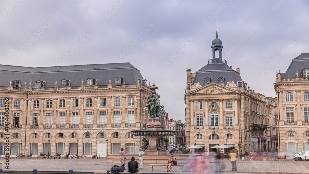 Fototapeta premium Place de la Bourse timelapse hyperlapse in Bordeaux, France, with the Fountain