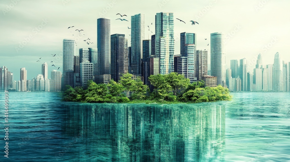 Naklejka premium A city is floating on a body of water