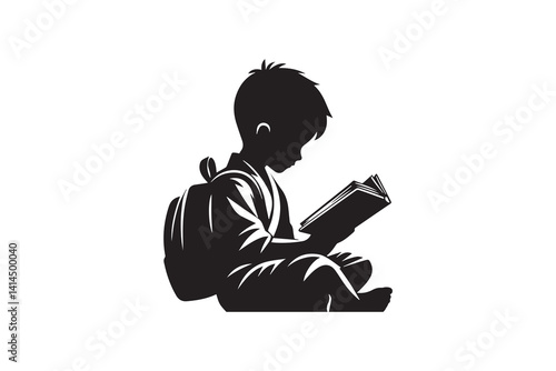 A boy reading a book vector silhouette isolated in white background 