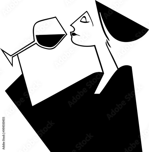 Elegant Woman Savoring Red Wine, Vector Illustration
