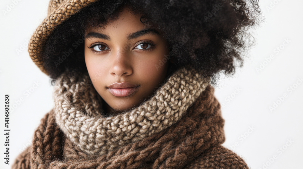 Cozy winter style: woman in knitwear with curly hair and warm hat Cozy winter style: woman in knitwear with curly hair and warm hat