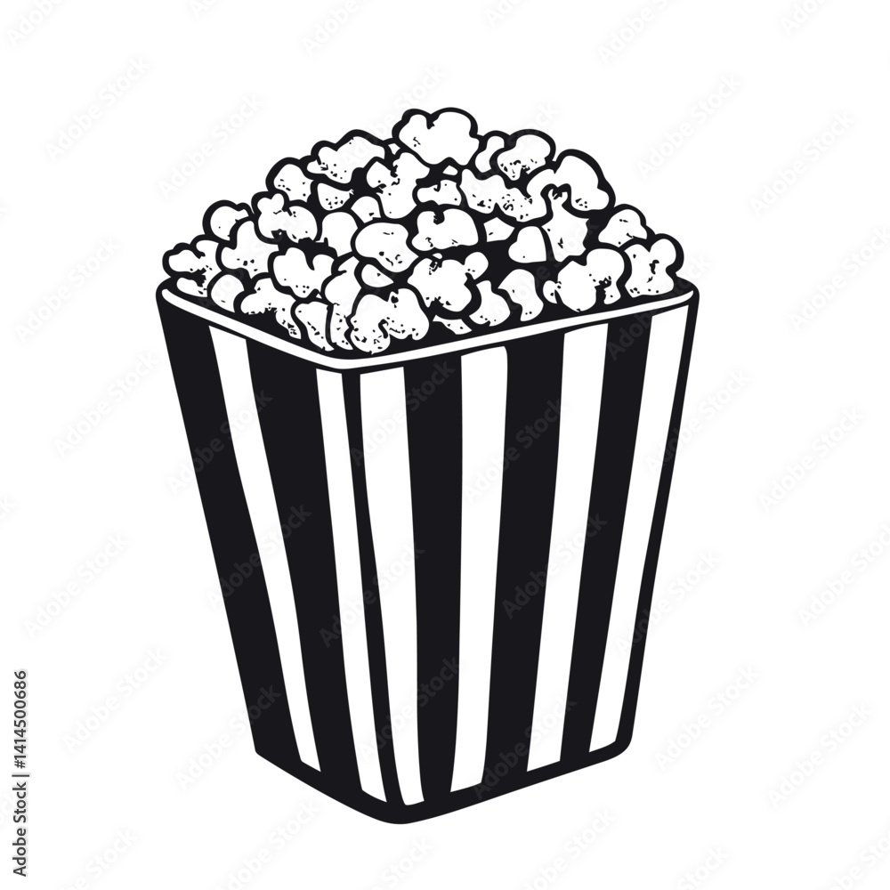 Monochrome line art illustration of a bucket overflowing with popcorn. Represents cinema snacks, movie time, entertainment, and a classic treat. Monochrome line art illustration of a bucket overflowing with popcorn. Represents cinema snacks, movie time, entertainment, and a classic treat.