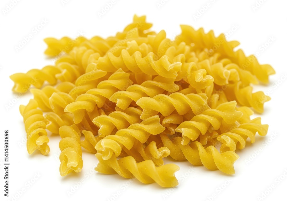 A close up shot of a pile of uncooked fusilli pasta on a white surface with a soft shadow underneath A close up shot of a pile of uncooked fusilli pasta on a white surface with a soft shadow underneath