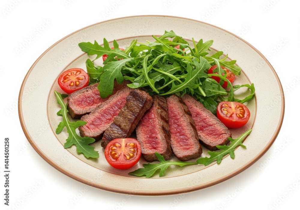 A plate featuring sliced steak garnished with arugula and cherry tomatoes on a white background plate view A plate featuring sliced steak garnished with arugula and cherry tomatoes on a white background plate view