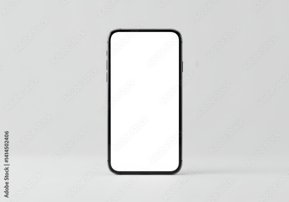 A smartphone with a blank white screen is centered on a plain white surface in a studio setting A smartphone with a blank white screen is centered on a plain white surface in a studio setting