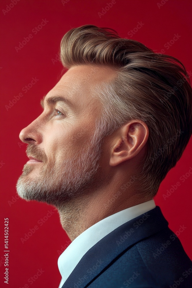 Fototapeta premium A happy man in a studio photo. Concept art creative design idea of style for aging men. Elegant men's shoulder-length taper haircut - midlife white man with blond hair. Red solid background.