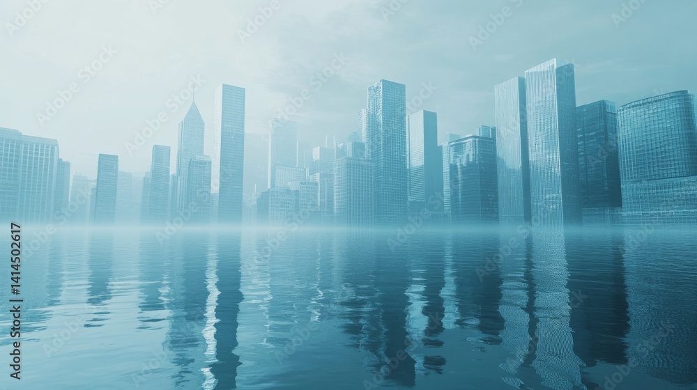 Fototapeta premium A city skyline is reflected in the water