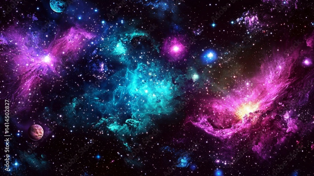 Fototapeta premium Vibrant Galaxy Nebula with Colorful Clouds - Starry Night Cosmos and Supernova Background for Astronomical Art