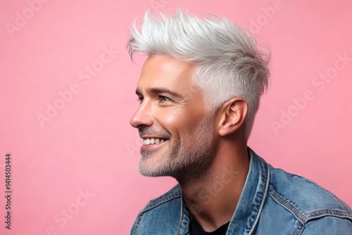 Trendy men's low fade haircut - midlife white man with white hair. Pink solid background. Conceptual art of style for aging men. An elegant gentleman with short hair and a confident stance.