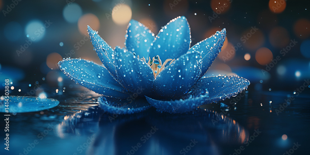 Blue Glowing Flower with Water Droplets on Dark Background Blue Glowing Flower with Water Droplets on Dark Background