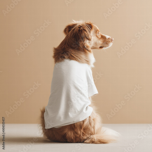Dog wearing blank white shirt sitting calmly on beige background for pet apparel mockup