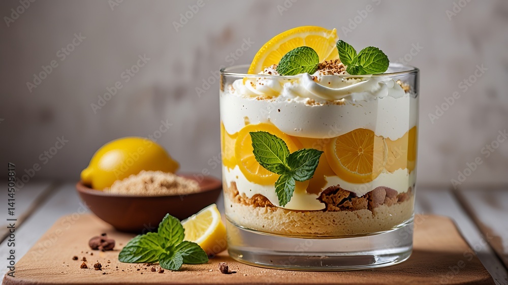 Lemon tiramisu layered summer dessert in glass on wooden block on white background. Italian eatery sweet food concept. Close-up view of lemon dessert with mint leaves. Lemon tiramisu layered summer dessert in glass on wooden block on white background. Italian eatery sweet food concept. Close-up view of lemon dessert with mint leaves.