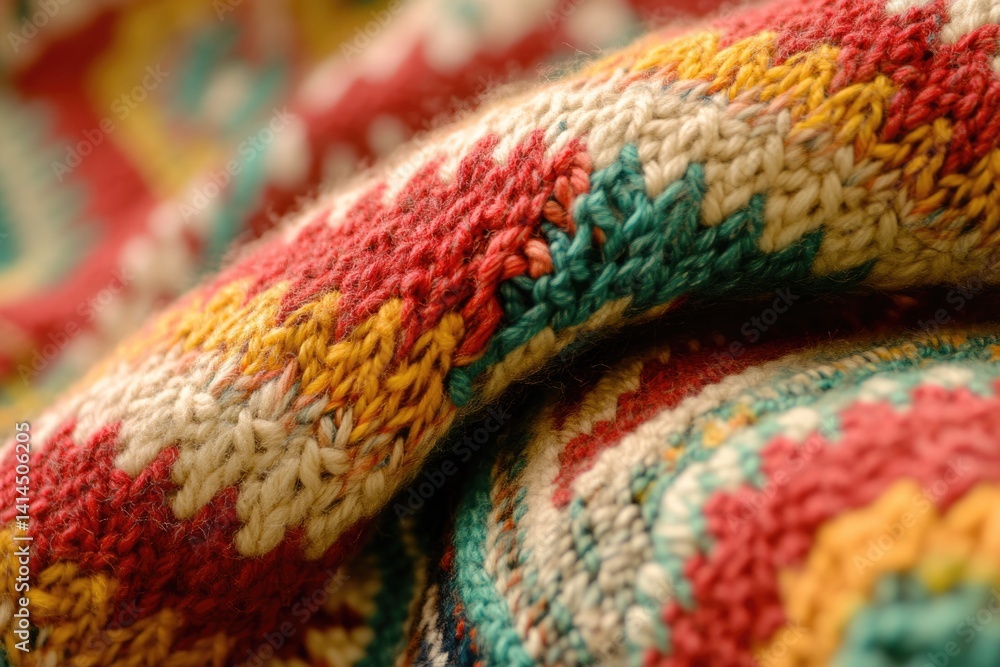 Close-up of colorful, textured knitted fabric; a rich blend of red, yellow, cream, and teal yarns. Close-up of colorful, textured knitted fabric; a rich blend of red, yellow, cream, and teal yarns.