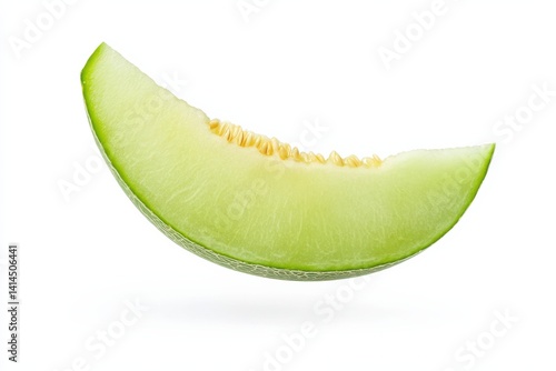 Fresh green melon slice floating in mid-air with a bright background showcasing its juicy texture