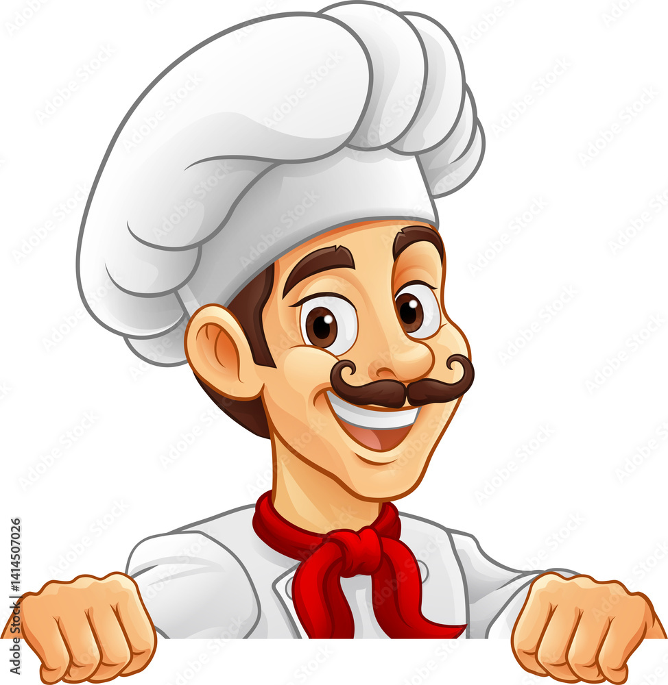 Chef Baker Cartoon Cook Mascot Man Menu Sign Board Chef Baker Cartoon Cook Mascot Man Menu Sign Board