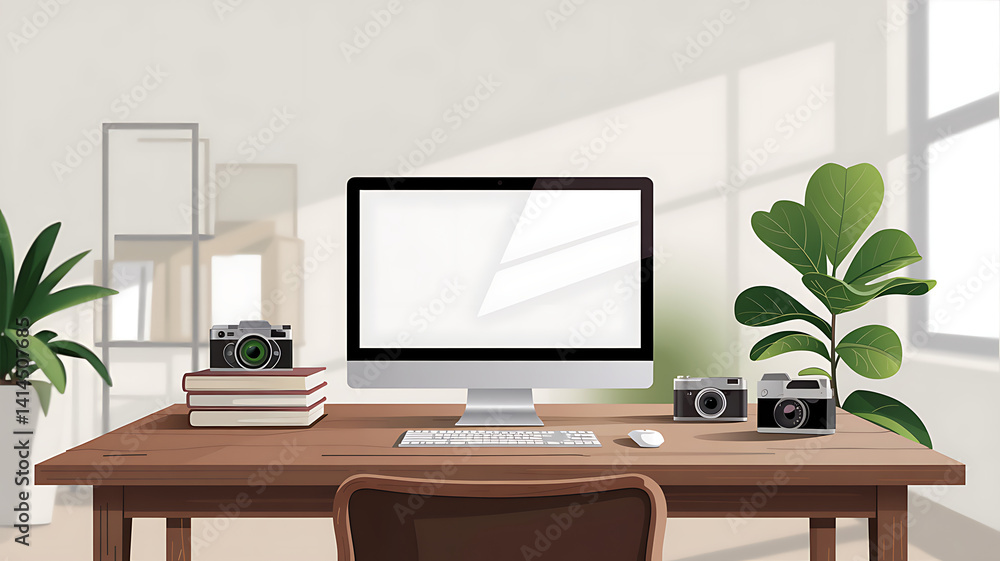 Illustration of Minimalist Desk with Blank Monitor and Camera - Workspace Setup Illustration of Minimalist Desk with Blank Monitor and Camera - Workspace Setup