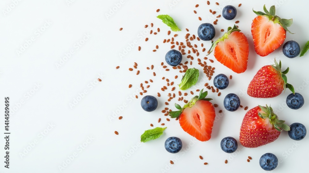 Fresh Strawberries and Blueberries with Mint Leaves on White Surface Fresh Strawberries and Blueberries with Mint Leaves on White Surface