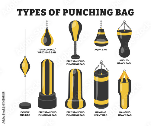 Different types of punching bag types, educational exercise workout gym poster design healthcare scheme, labeled wrecking ball, aqua bag, double end bag, punching and hanging bag illustration.