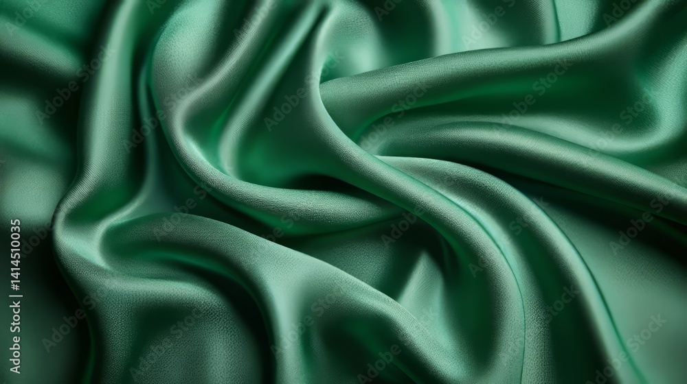 Fototapeta premium Emerald Satin Texture: A velvety smooth emerald green satin fabric drapes gracefully, creating elegant folds and a luxurious tactile experience. The shimmering surface captures light.