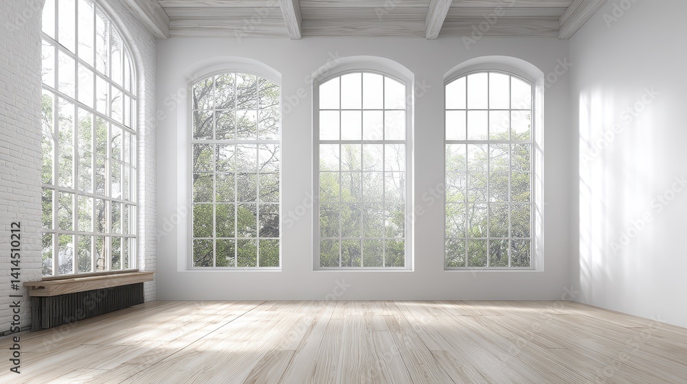 Fototapeta premium Clean modern studio interior with empty w-3 - white windows workspace sleek