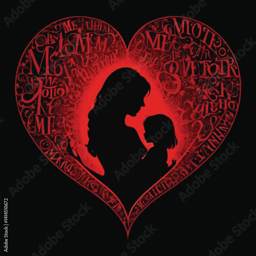 Heart of Words: “Mother” Shaped in a Red Heart Form, Distorted Yet Clear on Deep Black Canvas, Typography Vector T-shirt Design
