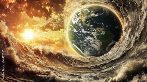 A planet is surrounded by a wave of water