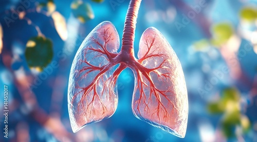 A detailed, artistic rendering of human lungs with visible bronchi and blood vessels, set against a vibrant, nature-inspired background, symbolizing breath and life.