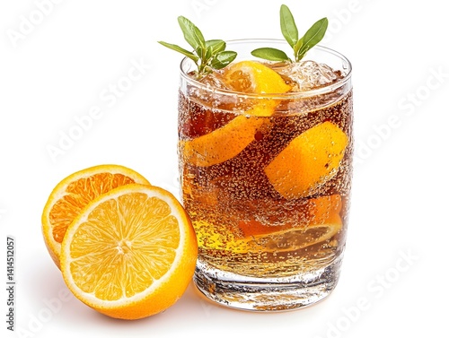 Refreshing iced tea drink with lemon and orange slices in a glass, garnished with fresh herbs on a white background.