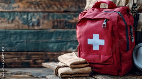 A red backpack with a cross on it and a white towel on top of it