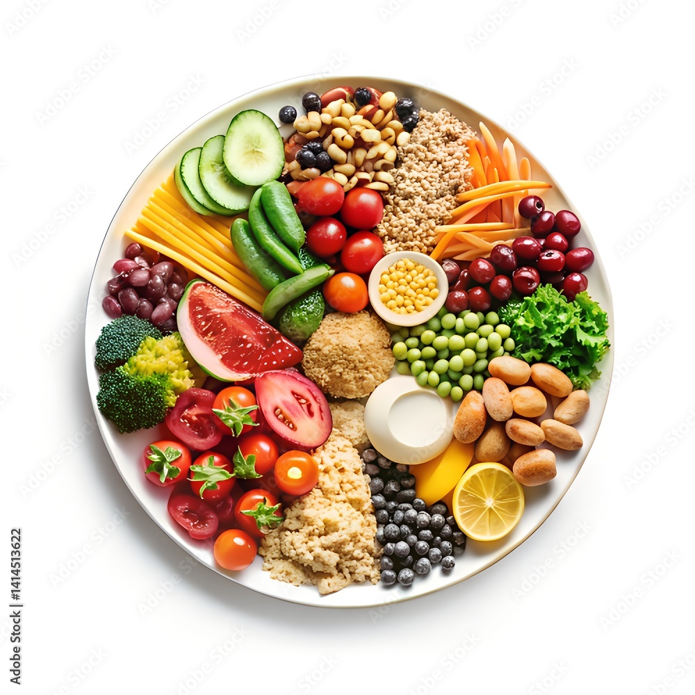 A high resolution, top down view of a round plate neatly divided into colorful sections of healthy foods A high resolution, top down view of a round plate neatly divided into colorful sections of healthy foods