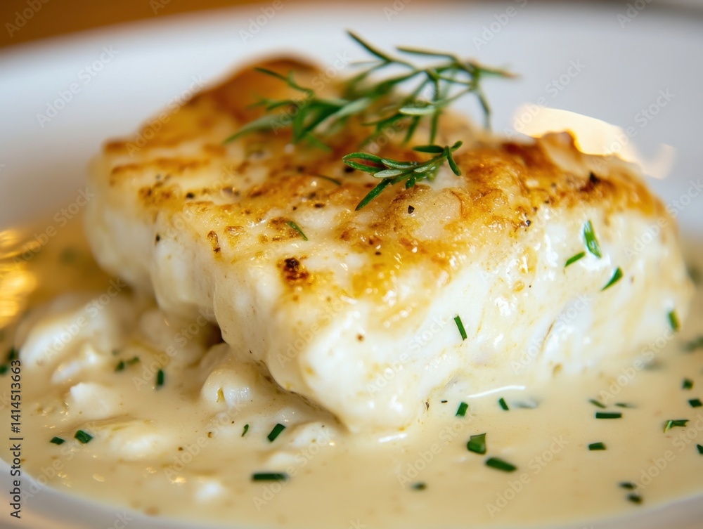 Elegant pan seared cod fillet with creamy sauce and fresh rosemary sprig on white plate close up gourmet cuisine Elegant pan seared cod fillet with creamy sauce and fresh rosemary sprig on white plate close up gourmet cuisine