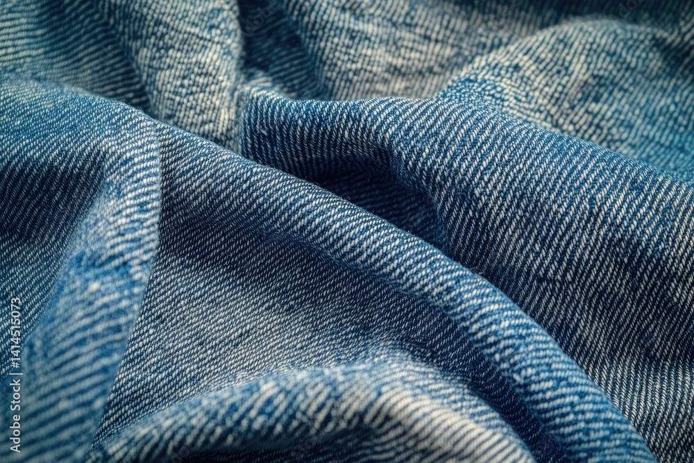Close-up of textured denim fabric, showing intricate weave and folds. Close-up of textured denim fabric, showing intricate weave and folds.