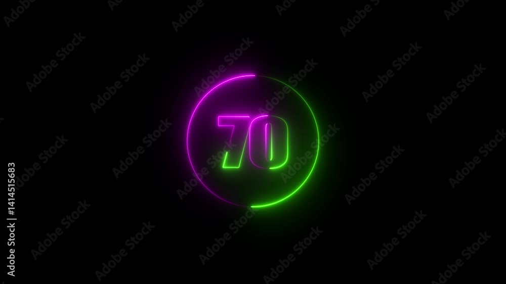 Abstract beautiful glowing neon text 70 number countdown background animation. Abstract beautiful glowing neon text 70 number countdown background animation.