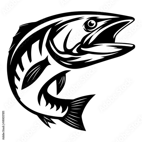 Stylized black and white jumping fish with open mouth illustration design