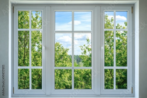 Serene view of lush green trees and blue sky through a pristine white window frame bringing nature indoors capturing the essence of spring in a bright home