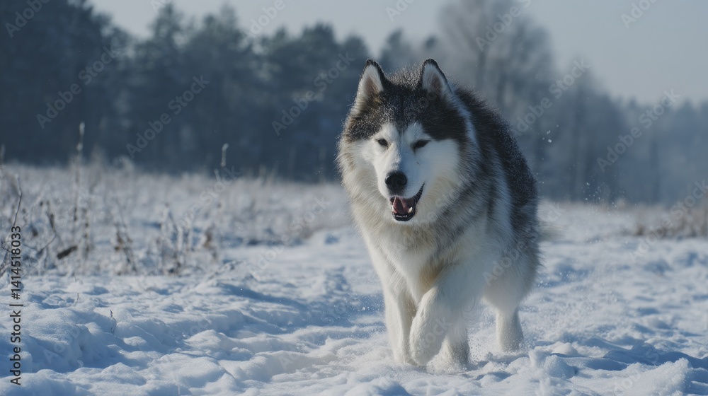 Naklejka premium Energetic husky running across snowy field, winter athleticism - muscles wilderness speed