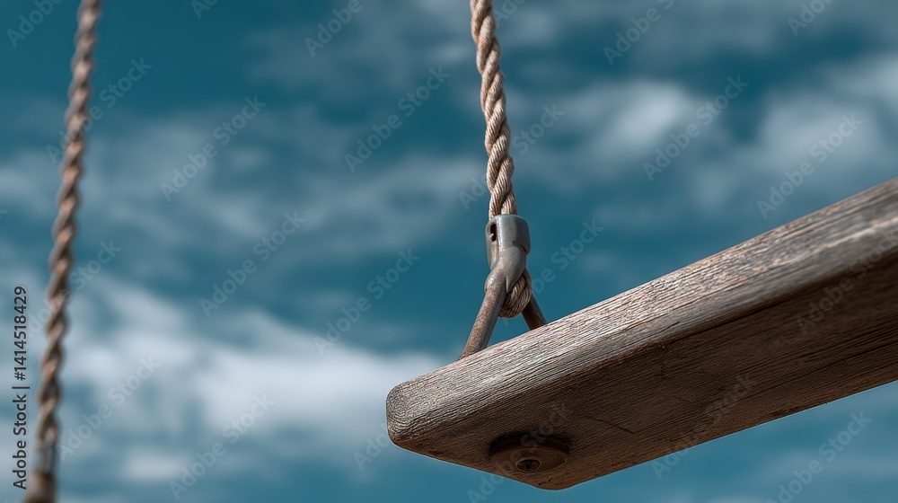 A wooden swing gently oscillates against a bright sky, filled with clouds, capturing the essence of carefree childhood and nostalgia.