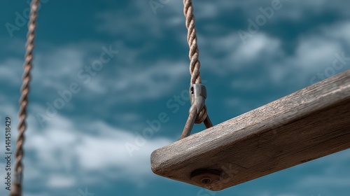 Obraz na płótnie A wooden swing gently oscillates against a bright sky, filled with clouds, capturing the essence of carefree childhood and nostalgia. w salonie