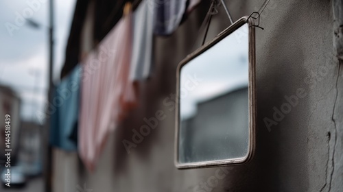 Obraz na płótnie A worn mirror hangs on a weathered wall, reflecting a blurred urban landscape under a moody sky, evoking nostalgia and introspection. w salonie