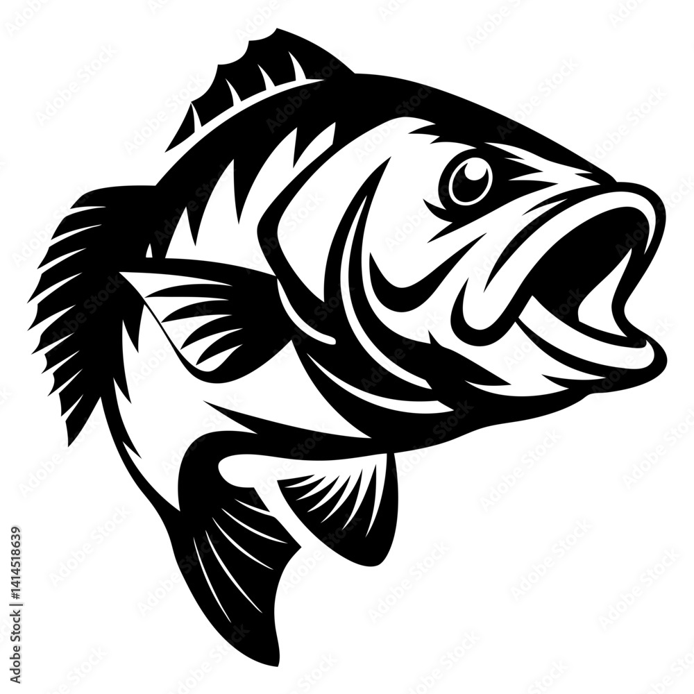 Detailed monochromatic stylized image of a fish with an open mouth Detailed monochromatic stylized image of a fish with an open mouth