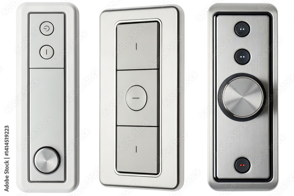 Modern light switches with sleek metallic finishes isolated with transparent background Modern light switches with sleek metallic finishes isolated with transparent background