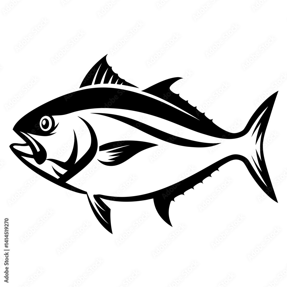 Bold Black and White Silhouette of a Striking Fish Illustration Design Bold Black and White Silhouette of a Striking Fish Illustration Design