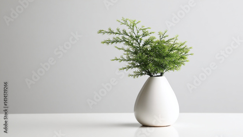 Minimalist Green Plant in White Vase with Soft Light with copy space