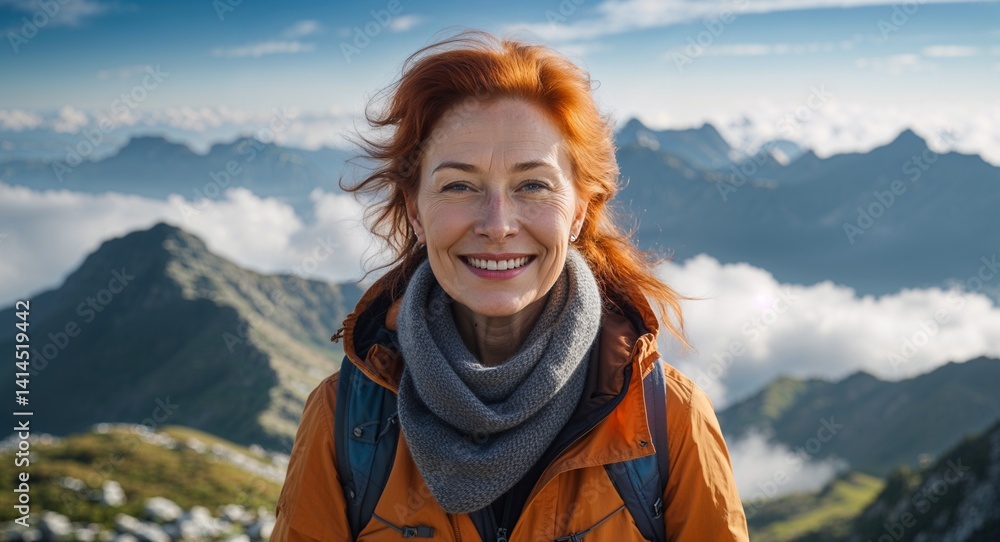 middle age redhead woman in cloudy top of mountain sunny peak portrait smiling happy landscape background ad concept with copy space middle age redhead woman in cloudy top of mountain sunny peak portrait smiling happy landscape background ad concept with copy space